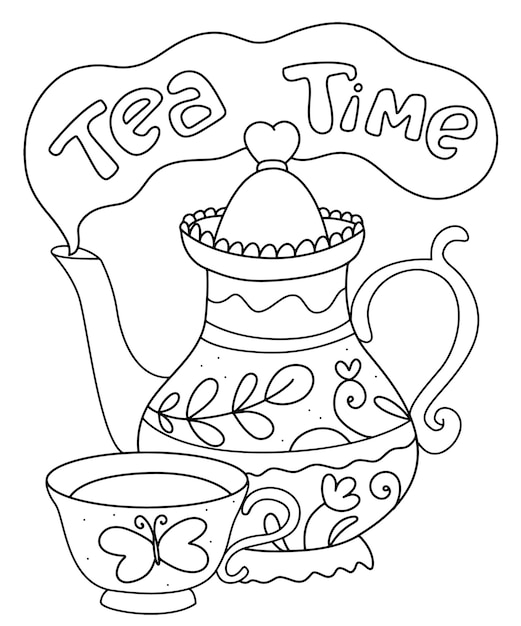 coloriage de l heure du the bouilloire doodle tasse vecteur premium visage d&#x00027;animal