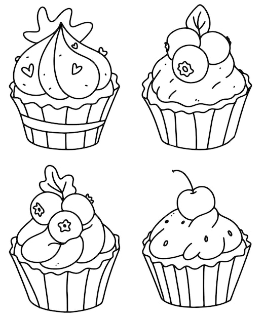 Coloriage De Petits Gateaux Mignons Cupcake Set Outline Doodle Vector Illustration Un Ensemble De Muffins Vecteur Premium