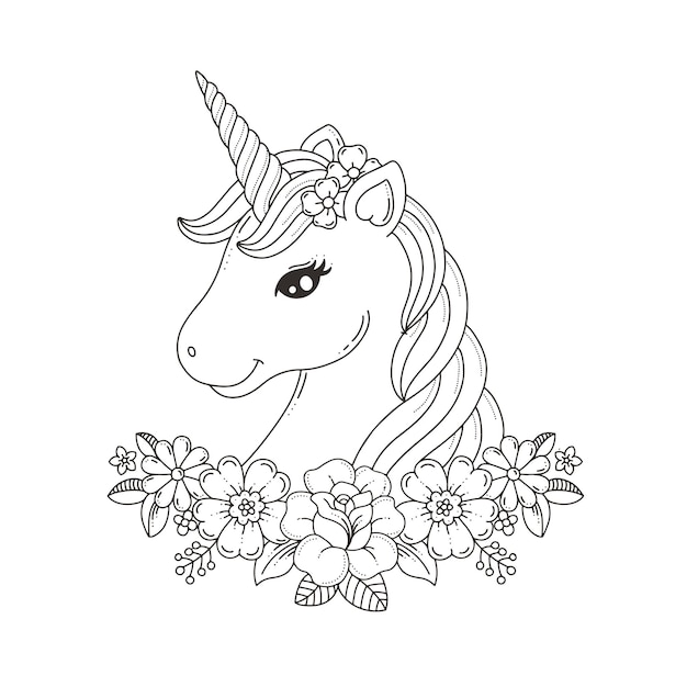 Coloriage Tete De Licorne Avec Guirlande De Fleurs Vecteur Premium