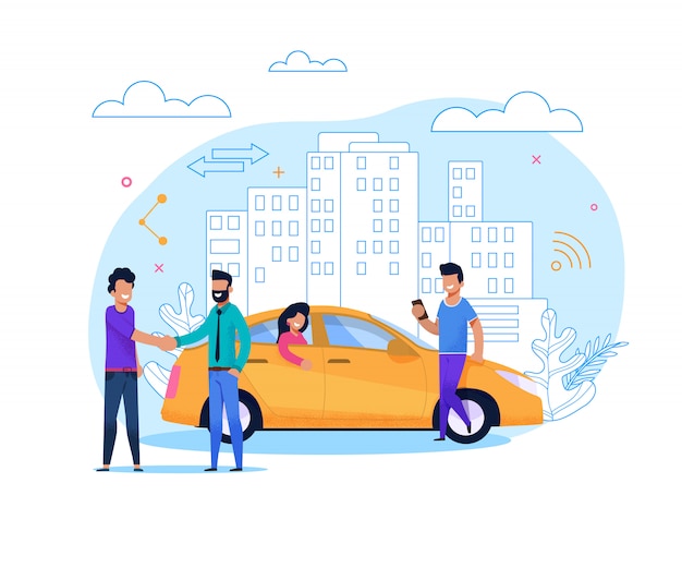 Commande ou partage de taxi jaune. illustration de ligne plate Vecteur Premium