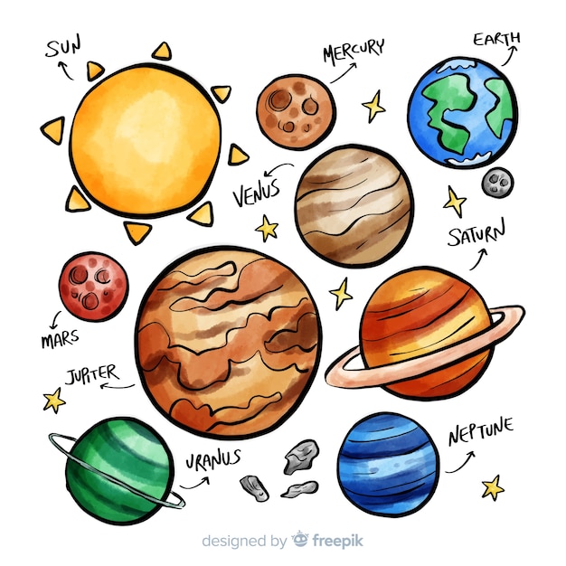 Compositio de système solaire dessiné à la main classique Vecteur gratuit