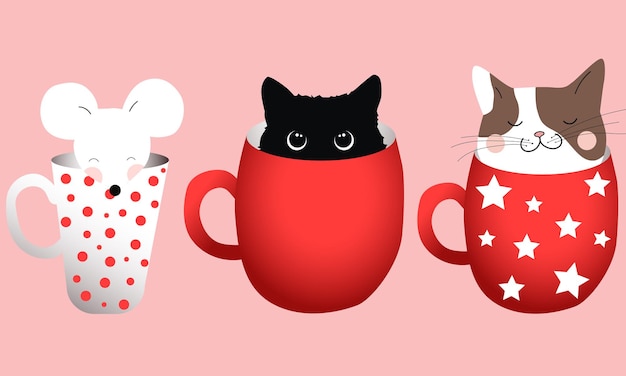 Composition De Trois Tasses Avec Des Chats Et Une Souris A L Interieur Vecteur Gratuite