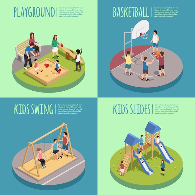 Compositions isométriques d'aire de jeux pour enfants comprenant des enfants dans un bac à sable, une partie de basket-ball, des balançoires et des toboggans isolés Vecteur gratuit