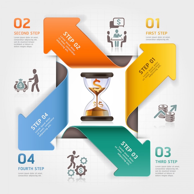 Concept abstrait d'horloge de sable de flèche. modèle d'infographie de gestion du temps de travail. Vecteur Premium
