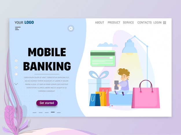Le concept de banque mobile, modèle de page d'accueil pour site web ou page de destination. Vecteur Premium