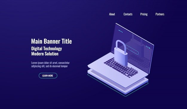 Concept de bouclier isométrique de sécurité des données, ordinateur portable avec verrou, protection des comptes, interréseau sécurisé Vecteur gratuit