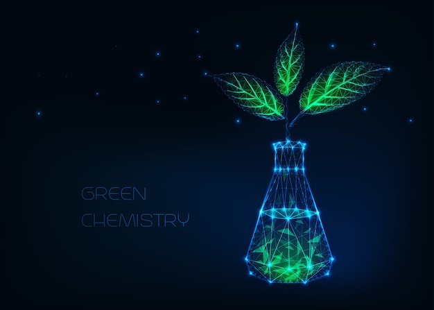 Concept De Chimie Verte Avec Becher Chimique Incandescent Et Plante Aux Feuilles Vertes Vecteur Premium
