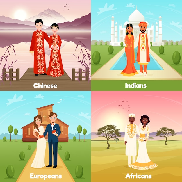 Concept de conception de couples de mariage multiculturel Vecteur gratuit