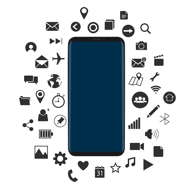 Concept d'un nouveau téléphone intelligent avec vecteur d'icônes noires Vecteur gratuit Concept d'un nouveau téléphone intelligent avec vecteur d'icônes noires Vecteur gratuit
