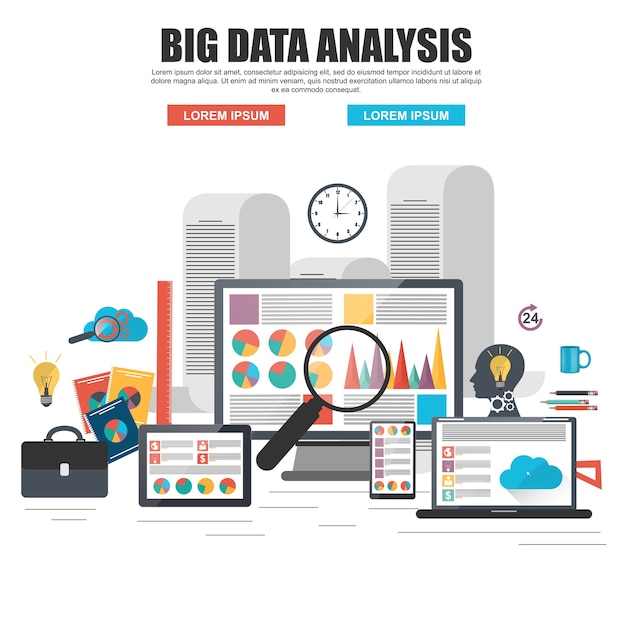 Concept de design plat de l'analyse de big data d'entreprise, analytique globale, recherche financière re Vecteur Premium