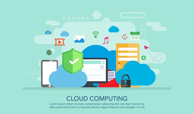 Concept de design plat de cloud computing, fond de concept de page de destination Vecteur Premium