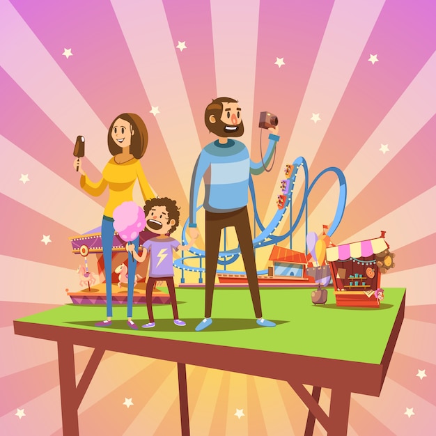 Concept de dessin animé de parc d'attractions avec famille heureuse et attractions sur fond rétro Vecteur gratuit