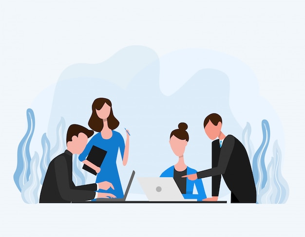Le concept d'employé de bureau et d'homme d'affaires fait une discussion de groupe Vecteur Premium