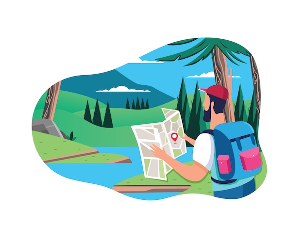 Concept de gens plat avec voyage d'équipement en fond de forêt et de la rivière avec de beaux paysages. Vecteur Premium