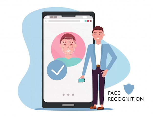 Concept d'identité de visage. homme avec téléphone portable, visage masculin sur grand écran de smartphone. reconnaissance de la personnalité dans l'application mobile, téléphone moderne avec système de sécurité. illustration vectorielle plat Vecteur Premium