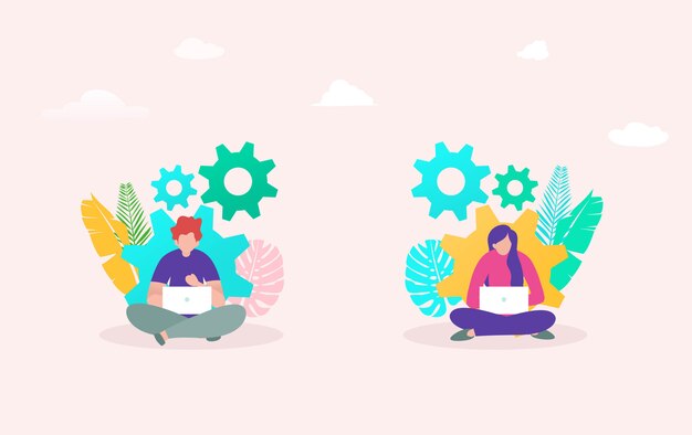 Concept d'illustration vectorielle de flux de travail innovation développement, jeune homme et femme travaillant sur ordinateur portable Vecteur Premium
