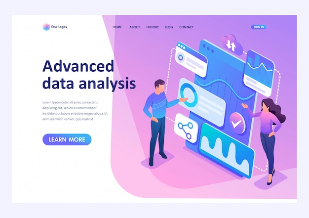Concept isométrique de jeunes entrepreneurs examinent des rapports et analysent des données. modèle de page de destination pour site web Vecteur Premium