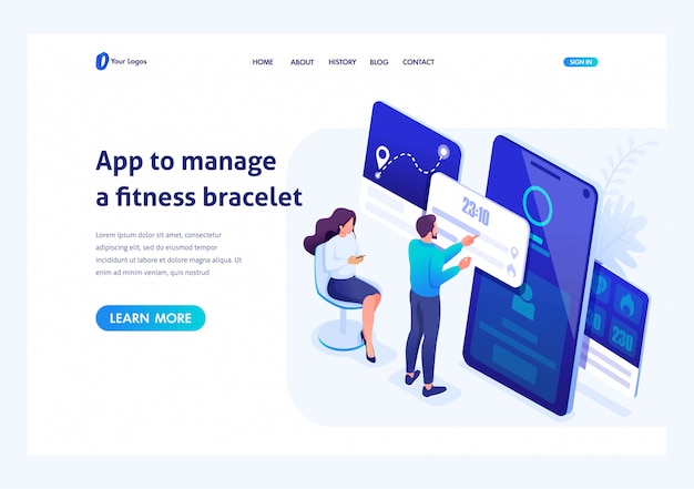 Concept isométrique les jeunes travaillent avec une application de gestion de bracelet de fitness. notion d'en-tête. modèle de page de renvoi pour site web Vecteur Premium