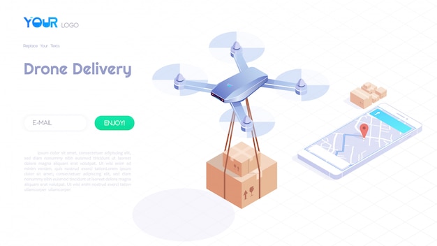 Concept Isométrique De Livraison De Drone, Livraison Rapide, Quadcopter Automatisé Survolant La Carte Et Transportant Un Colis Au Client Pour Le Modèle Web. Illustration Vectorielle. Vecteur Premium