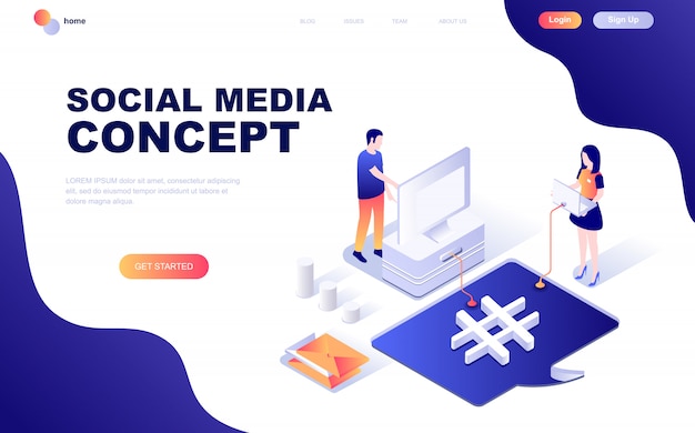 Concept isométrique moderne design plat de médias sociaux Vecteur Premium