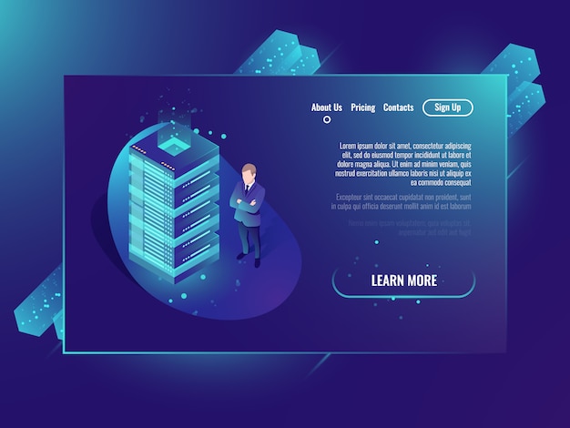Concept isométrique de stockage en nuage, centre de données et base de données, rack de salle de serveurs Vecteur gratuit