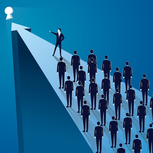 Concept de leadership d'entreprise, gestionnaire dirigeant le groupe d'équipe de gens d'affaires allant de l'avant Vecteur Premium