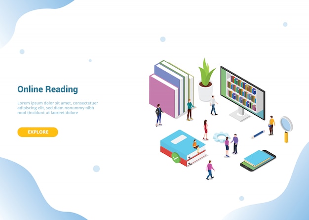 Concept de lecture en ligne 3d isométrique avec des livres ou des ebooks pour le modèle de site web ou la page d'accueil d'atterrissage Vecteur Premium