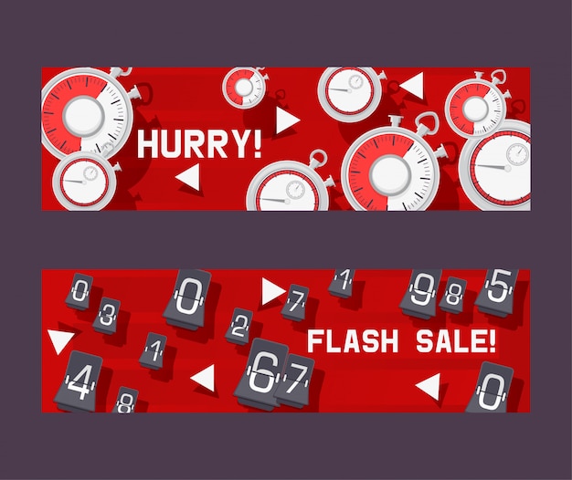 Concept de minuterie ensemble de bannières faites vite pour ne pas être en retard dans les magasins. vente flash avec compte à rebours. changer les numéros. faire du shopping. l'horloge Vecteur Premium