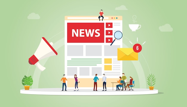 Concept de mise à jour des actualités avec des collaborateurs et symbole de mises à jour de notifications et de conception de pages web Vecteur Premium
