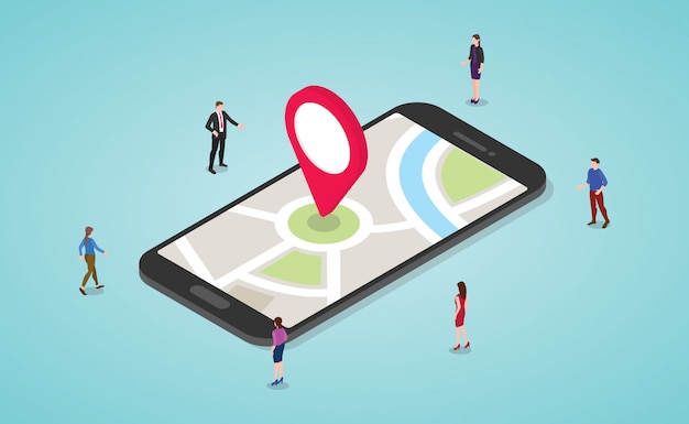 Concept de navigation gps avec les gens et smartphone et cartes et marqueur avec style plat isométrique moderne Vecteur Premium