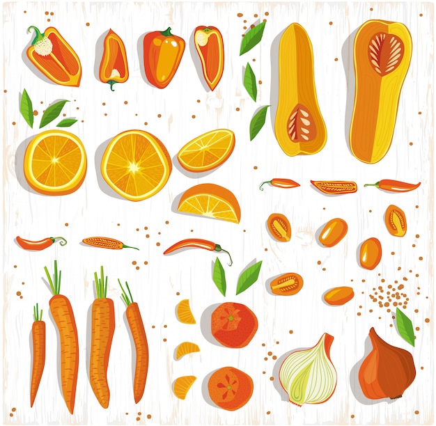 Concept de nourriture healhy. motif de fruits et légumes sur le fond de bois, vue de dessus. Vecteur Premium