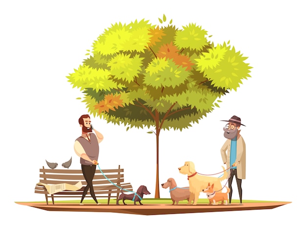 Concept de propriétaire de chien avec promenade dans les symboles du parc cartoon illustration vectorielle Vecteur gratuit