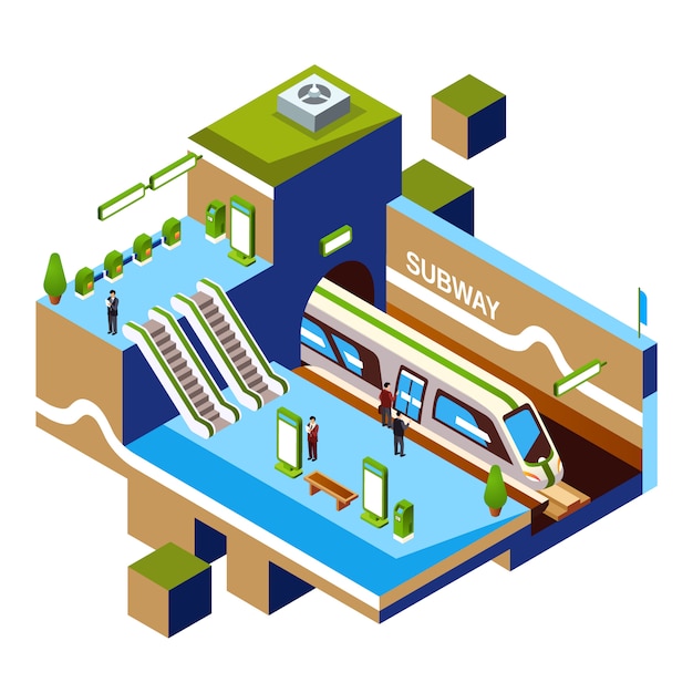 Concept de section transversale de la station de métro isométrique. métro ou plate-forme souterraine Vecteur gratuit