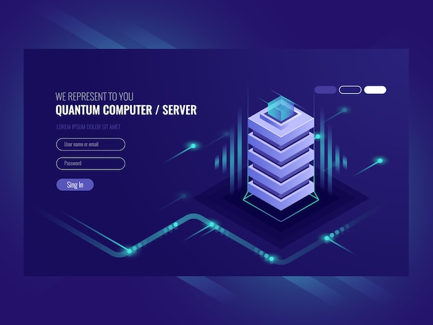 Concept de serveur de blockchain, ordinateur quantique, salle des serveurs, base de données Vecteur gratuit