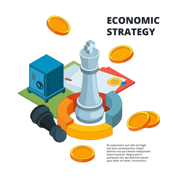 Concept De Stratégie D'entreprise, Symboles De Planification Et De Gestion Du Succès De La Société Nouveaux Niveaux Cibles D'échecs Isométriques Vecteur Premium