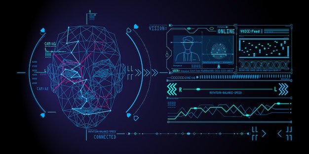 Concept de système de reconnaissance de visage avec numérisation de visage humain à faible polygone. Vecteur Premium