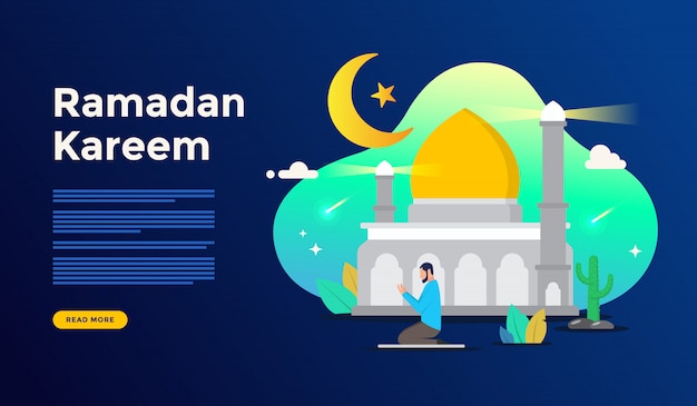 Concept de voeux joyeux ramadan kareem avec caractère de personnes pour le modèle de page de renvoi web Vecteur Premium