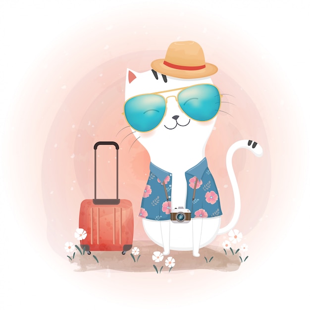 Concept De Voyage Chats Mignons Et Valise Style Aquarelle Vecteur Premium