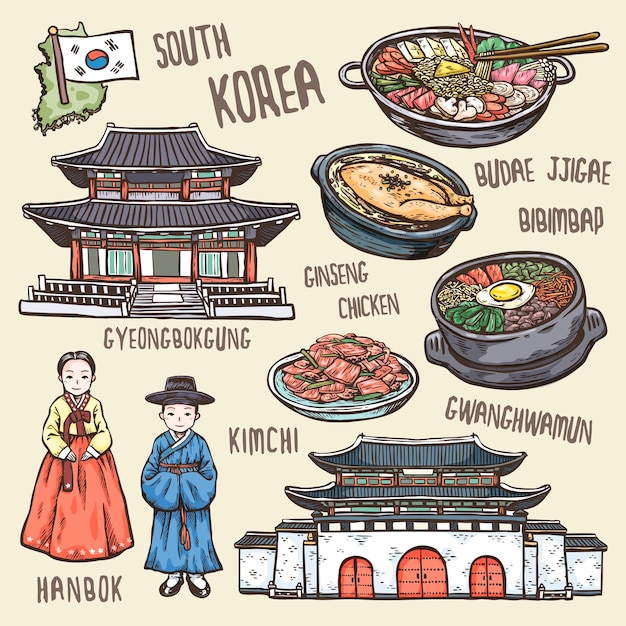 Concept De Voyage Coloré De Style Dessiné à La Main Exquis Corée Du Sud