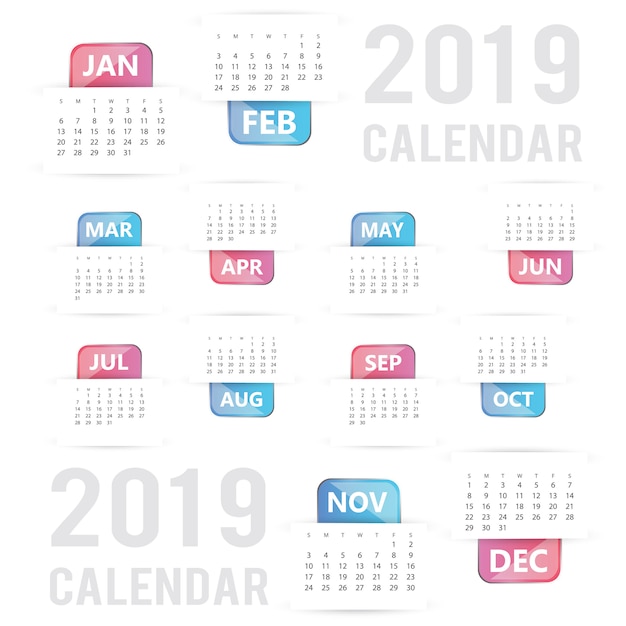 Conception de calendrier coloré vecteur 2019 Vecteur gratuit