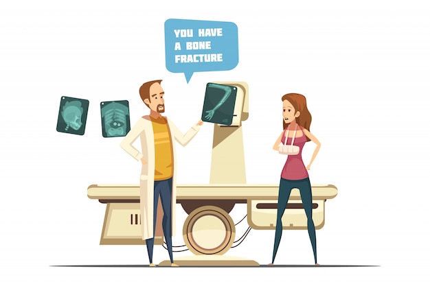 Conception de fracture osseuse, y compris un médecin avec patiente radiographie avec bras dans un style rétro de dessin animé en plâtre Vecteur gratuit
