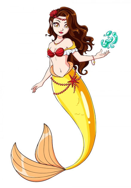 Conception Mignonne De Sirene Fille Aux Cheveux Bruns Et Queue De Poisson Jaune Illustration Dessinee A La Main Vecteur Premium