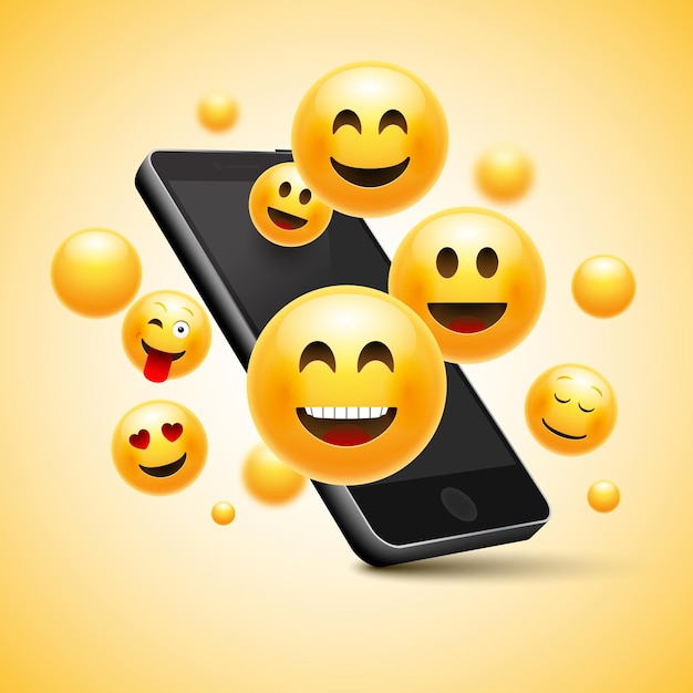 Conception De Smiley Heureux Emoji Avec Telephone Mobile Vecteur Premium