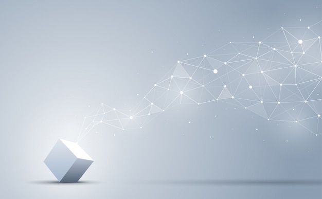 La connexion de cube 3d avec polygonale géométrique abstraite avec points et lignes de connexion. abstrait blockchain et big data concept. Vecteur Premium