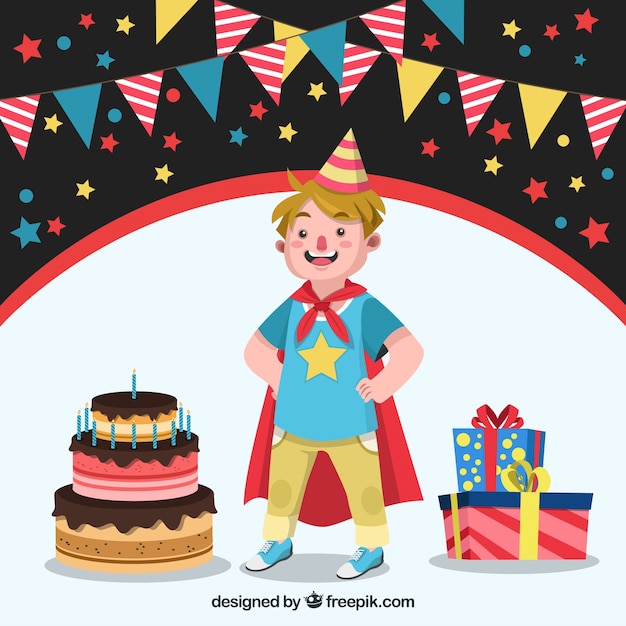 Conte D Enfant Avec Un Cap De Super Heros Et Un Gateau D Anniversaire Vecteur Gratuite