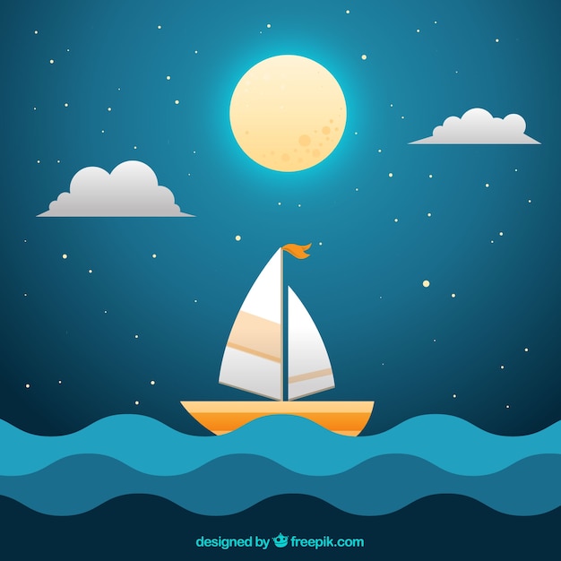 Contexte De Nuit Avec Pleine Lune Et Bateau Dans La Mer Vecteur Premium