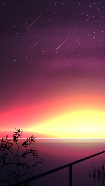 Coucher De Soleil Sur L Horizon De La Mer Paysage De Vecteur Avec Un Beau Ciel Etoile Jaune Rose Avec Des Meteorites Vecteur Premium Coucher De Soleil Sur L Horizon De La Mer Paysage De Vecteur Avec Un Beau Ciel Etoile Jaune Rose Avec Des Meteorites Vecteur Premium