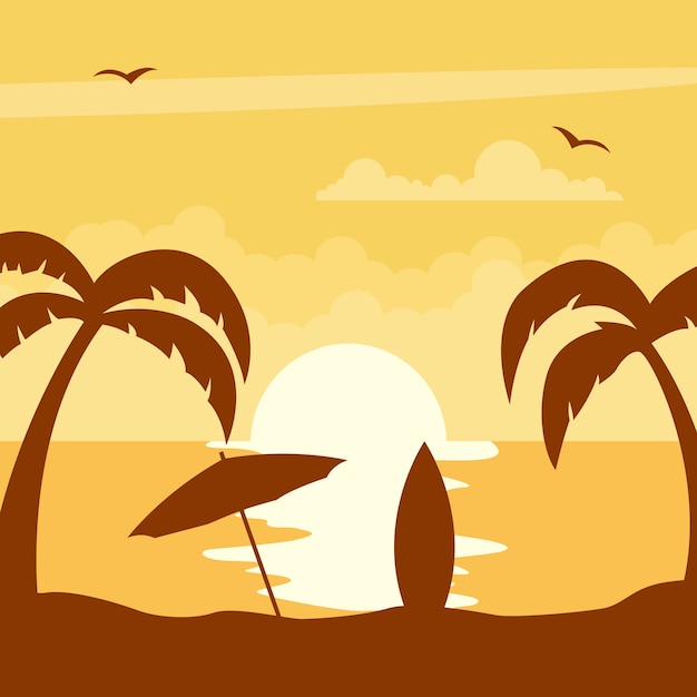 Coucher de soleil sur la plage avec parasol et planche de surf Vecteur Premium