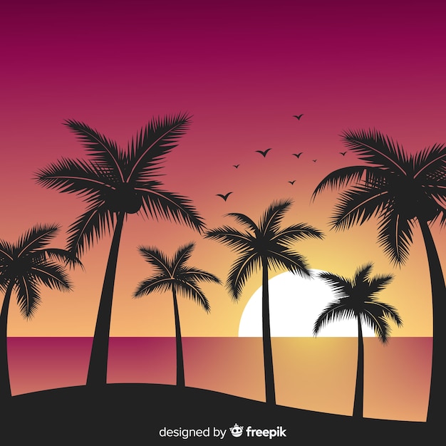 Dessin Coucher De Soleil Avec Palmier Coucher De Soleil Sur La Plage Avec Des Silhouettes De Palmiers