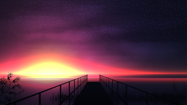 Coucher De Soleil Rose Sur Le Lac Avec Une Silhouette D Une Jetee En Bois Et Un Ciel Etoile Vecteur Premium Coucher De Soleil Rose Sur Le Lac Avec Une Silhouette D Une Jetee En Bois Et Un Ciel Etoile Vecteur Premium